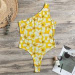 White And Yellow Plumeria Pattern Print One Shoulder Bodysuit