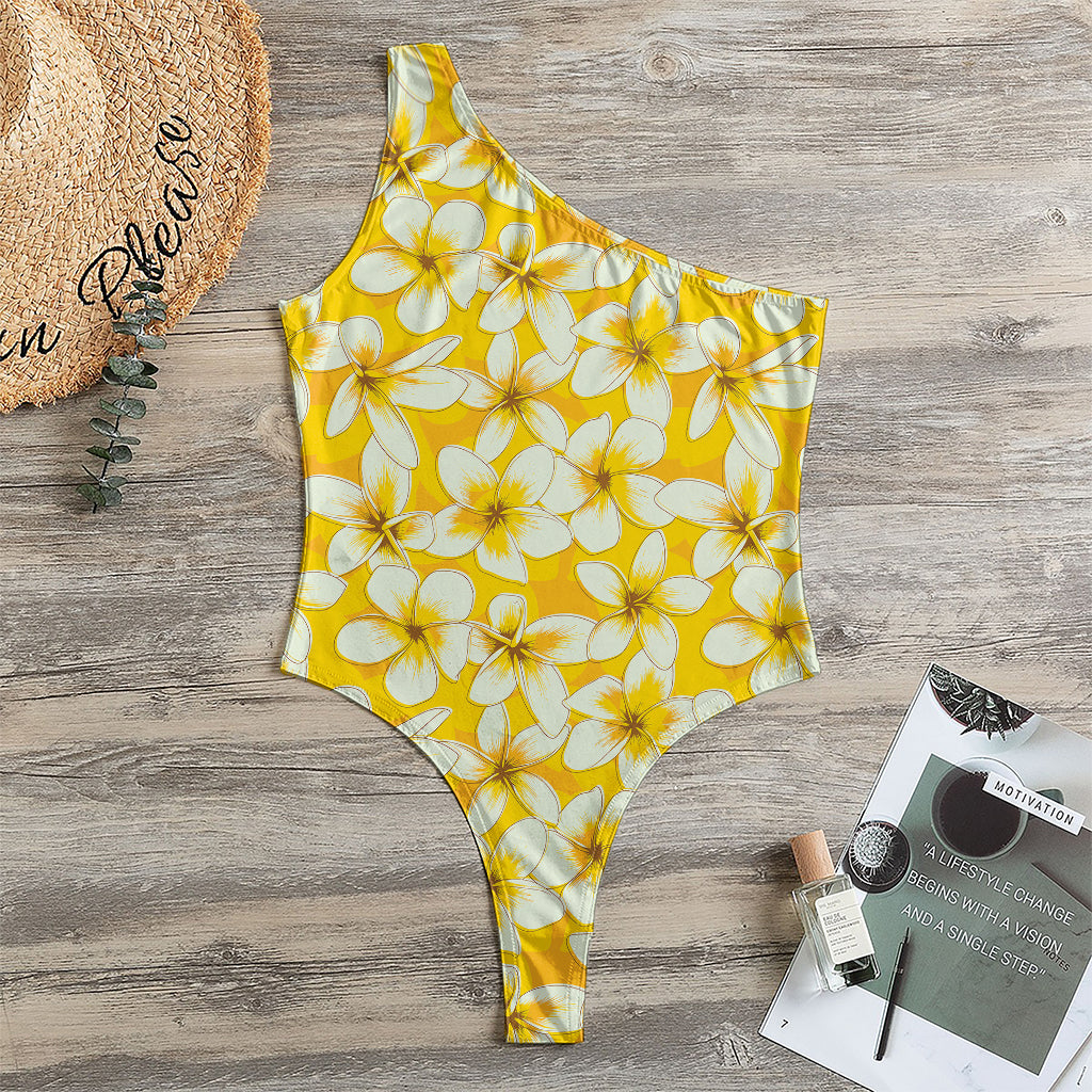 White And Yellow Plumeria Pattern Print One Shoulder Bodysuit