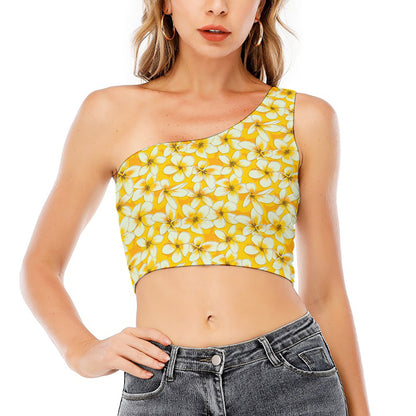 White And Yellow Plumeria Pattern Print One Shoulder Crop Top