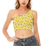 White And Yellow Plumeria Pattern Print One Shoulder Crop Top