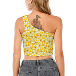 White And Yellow Plumeria Pattern Print One Shoulder Crop Top