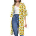 White And Yellow Plumeria Pattern Print Open Front Beach Cover Up