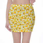 White And Yellow Plumeria Pattern Print Pencil Mini Skirt