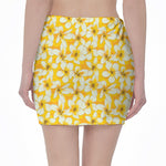 White And Yellow Plumeria Pattern Print Pencil Mini Skirt