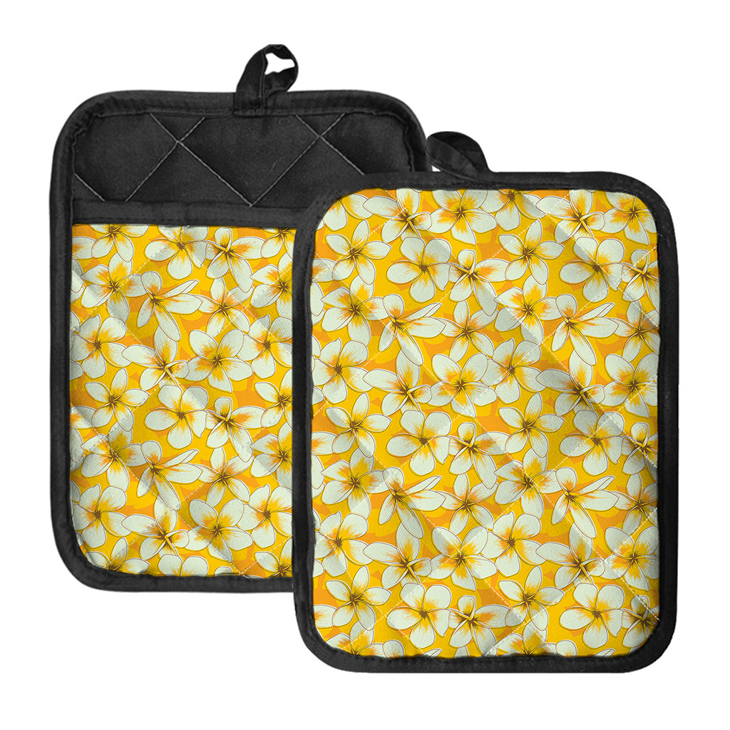 White And Yellow Plumeria Pattern Print Pot Holders With Pocket