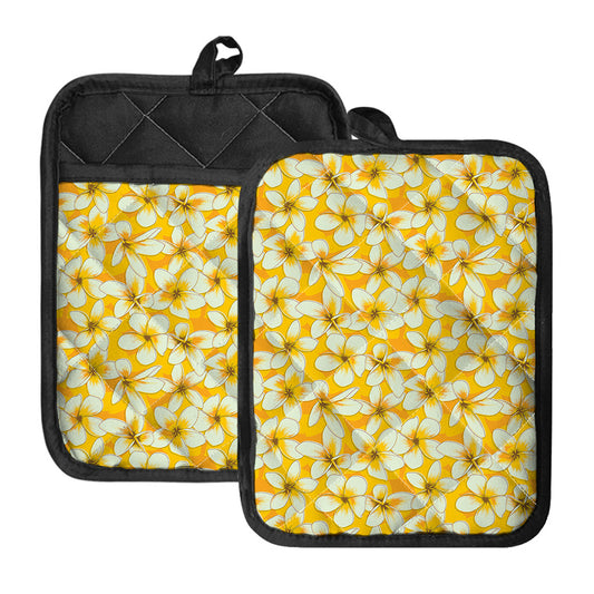 White And Yellow Plumeria Pattern Print Pot Holders With Pocket