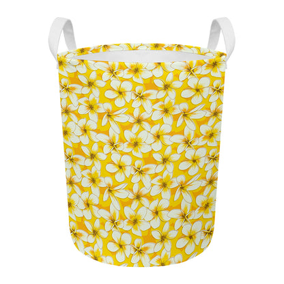 White And Yellow Plumeria Pattern Print Round Laundry Basket