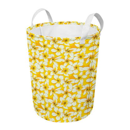 White And Yellow Plumeria Pattern Print Round Laundry Basket