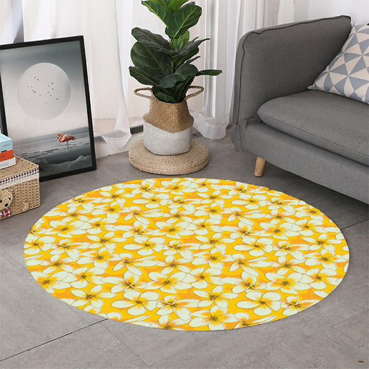 White And Yellow Plumeria Pattern Print Round Rug