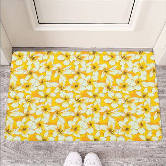 White And Yellow Plumeria Pattern Print Rubber Doormat