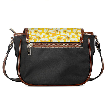 White And Yellow Plumeria Pattern Print Saddle Bag