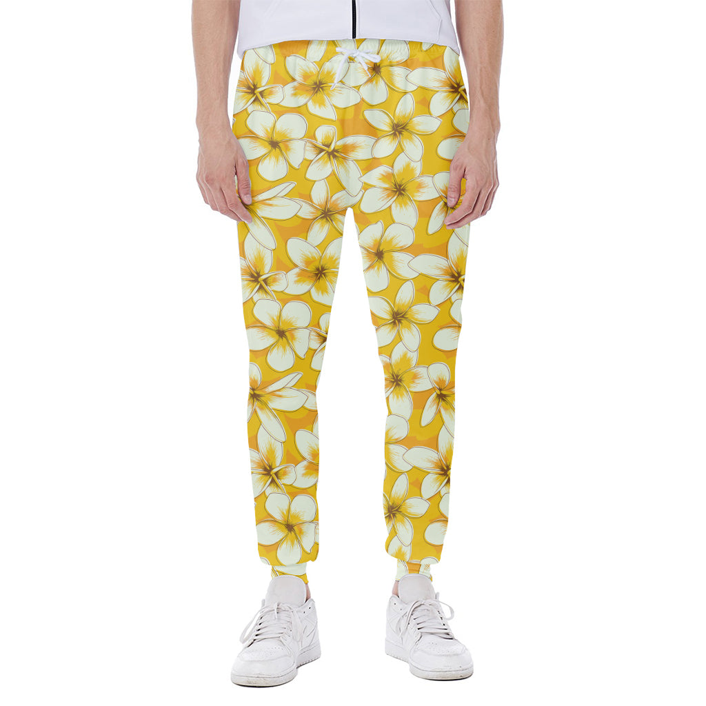 White And Yellow Plumeria Pattern Print Scuba Joggers