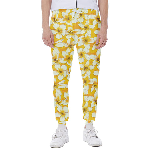 White And Yellow Plumeria Pattern Print Scuba Joggers