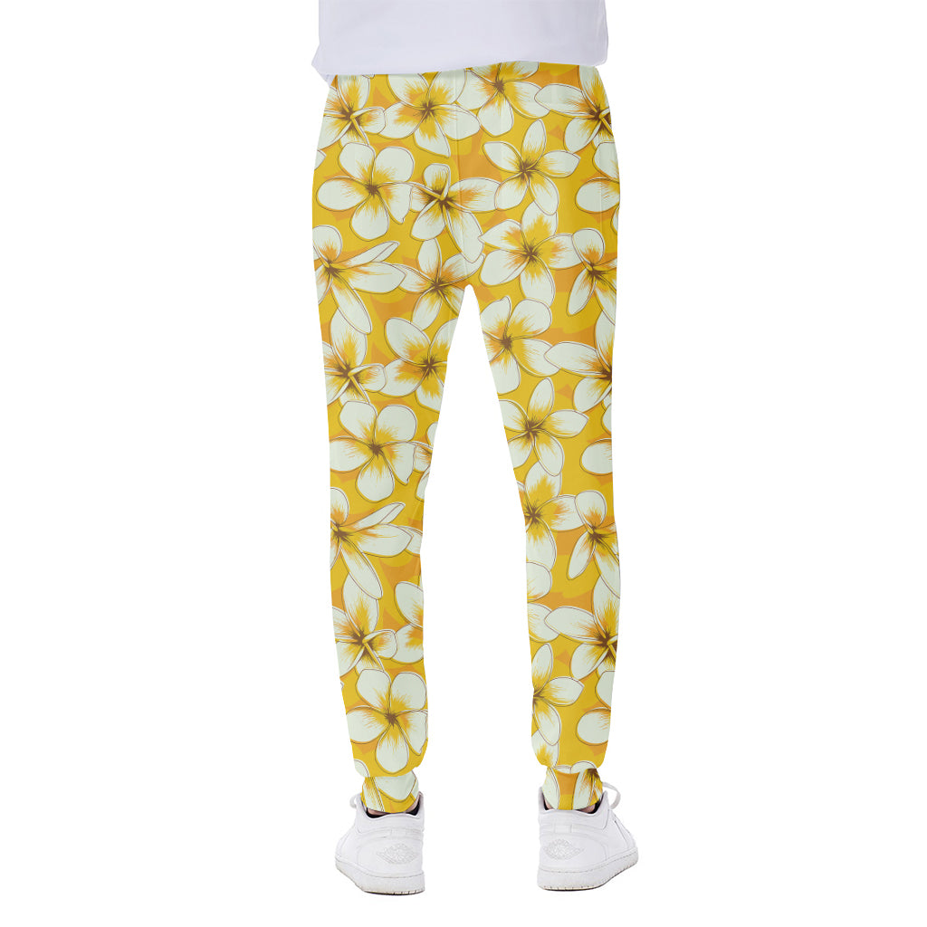 White And Yellow Plumeria Pattern Print Scuba Joggers