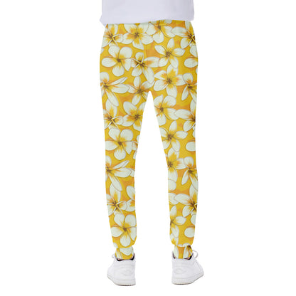 White And Yellow Plumeria Pattern Print Scuba Joggers