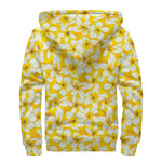 White And Yellow Plumeria Pattern Print Sherpa Lined Zip Up Hoodie