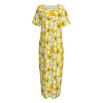 White And Yellow Plumeria Pattern Print Short Sleeve Long Nightdress