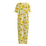 White And Yellow Plumeria Pattern Print Short Sleeve Long Nightdress