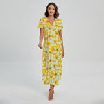 White And Yellow Plumeria Pattern Print Short Sleeve Maxi Dress