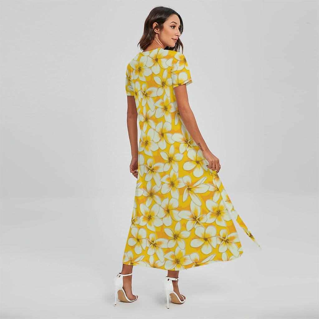 White And Yellow Plumeria Pattern Print Short Sleeve Maxi Dress