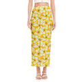 White And Yellow Plumeria Pattern Print Side Slit Maxi Skirt