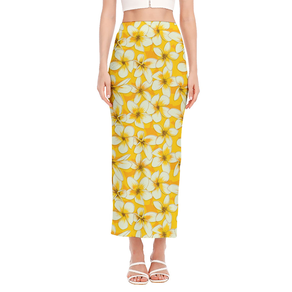 White And Yellow Plumeria Pattern Print Side Slit Maxi Skirt