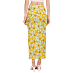 White And Yellow Plumeria Pattern Print Side Slit Maxi Skirt