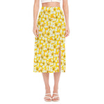 White And Yellow Plumeria Pattern Print Side Slit Midi Skirt
