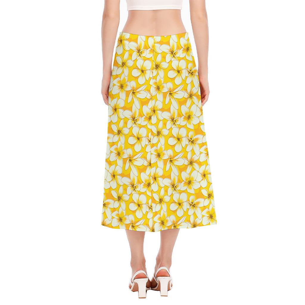 White And Yellow Plumeria Pattern Print Side Slit Midi Skirt