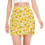 White And Yellow Plumeria Pattern Print Side Slit Mini Skirt