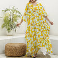 White And Yellow Plumeria Pattern Print Silk V-Neck Kaftan Dress