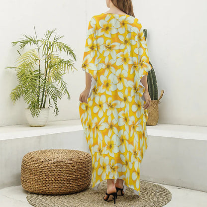White And Yellow Plumeria Pattern Print Silk V-Neck Kaftan Dress