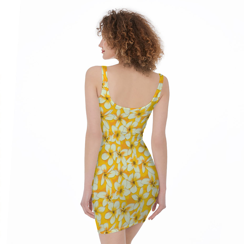 White And Yellow Plumeria Pattern Print Sleeveless Bodycon Dress