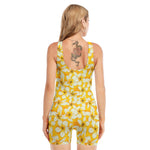 White And Yellow Plumeria Pattern Print Sleeveless One Piece Swimsuit