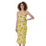 White And Yellow Plumeria Pattern Print Slim Fit Midi Cami Dress