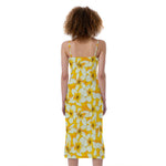 White And Yellow Plumeria Pattern Print Slim Fit Midi Cami Dress