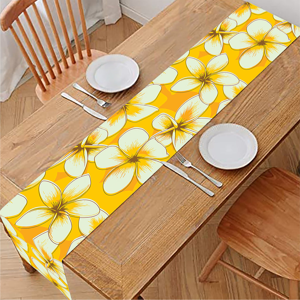 White And Yellow Plumeria Pattern Print Table Runner