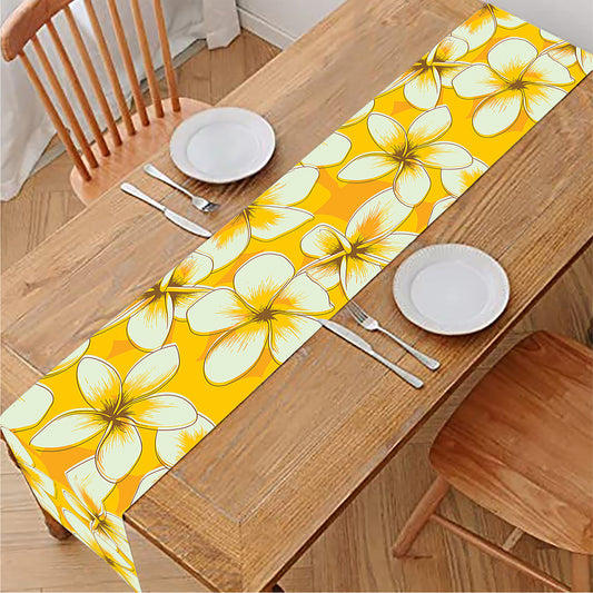 White And Yellow Plumeria Pattern Print Table Runner