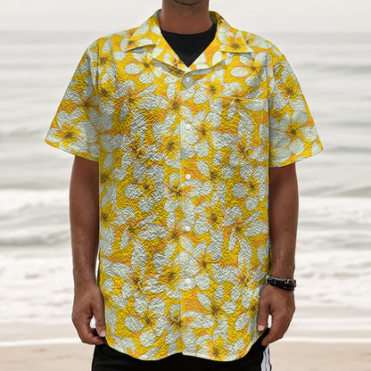 White And Yellow Plumeria Pattern Print Textured Short Sleeve Shirt