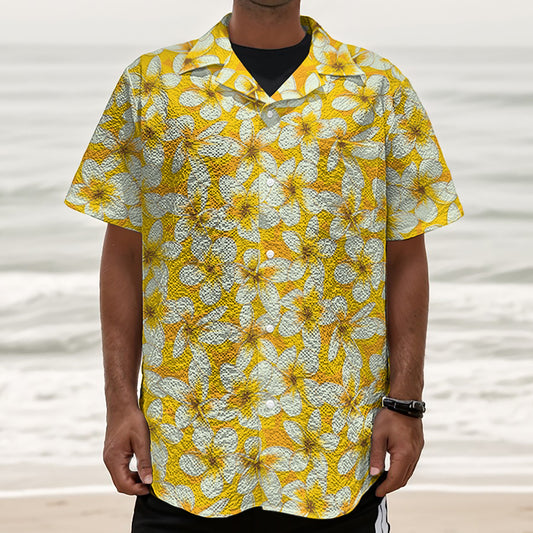 White And Yellow Plumeria Pattern Print Textured Short Sleeve Shirt