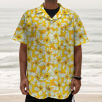 White And Yellow Plumeria Pattern Print Textured Short Sleeve Shirt