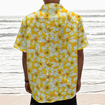 White And Yellow Plumeria Pattern Print Textured Short Sleeve Shirt