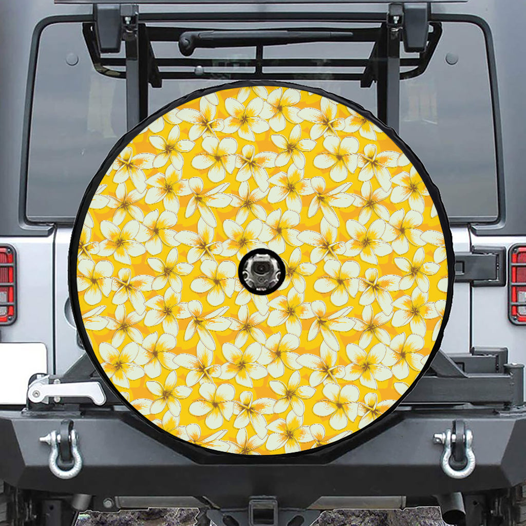 White And Yellow Plumeria Pattern Print Tire Cover With Camera Hole