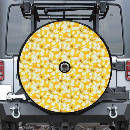 White And Yellow Plumeria Pattern Print Tire Cover With Camera Hole