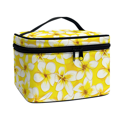 White And Yellow Plumeria Pattern Print Travel Makeup Bag