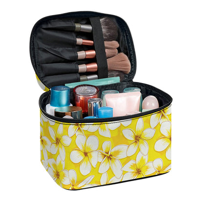 White And Yellow Plumeria Pattern Print Travel Makeup Bag