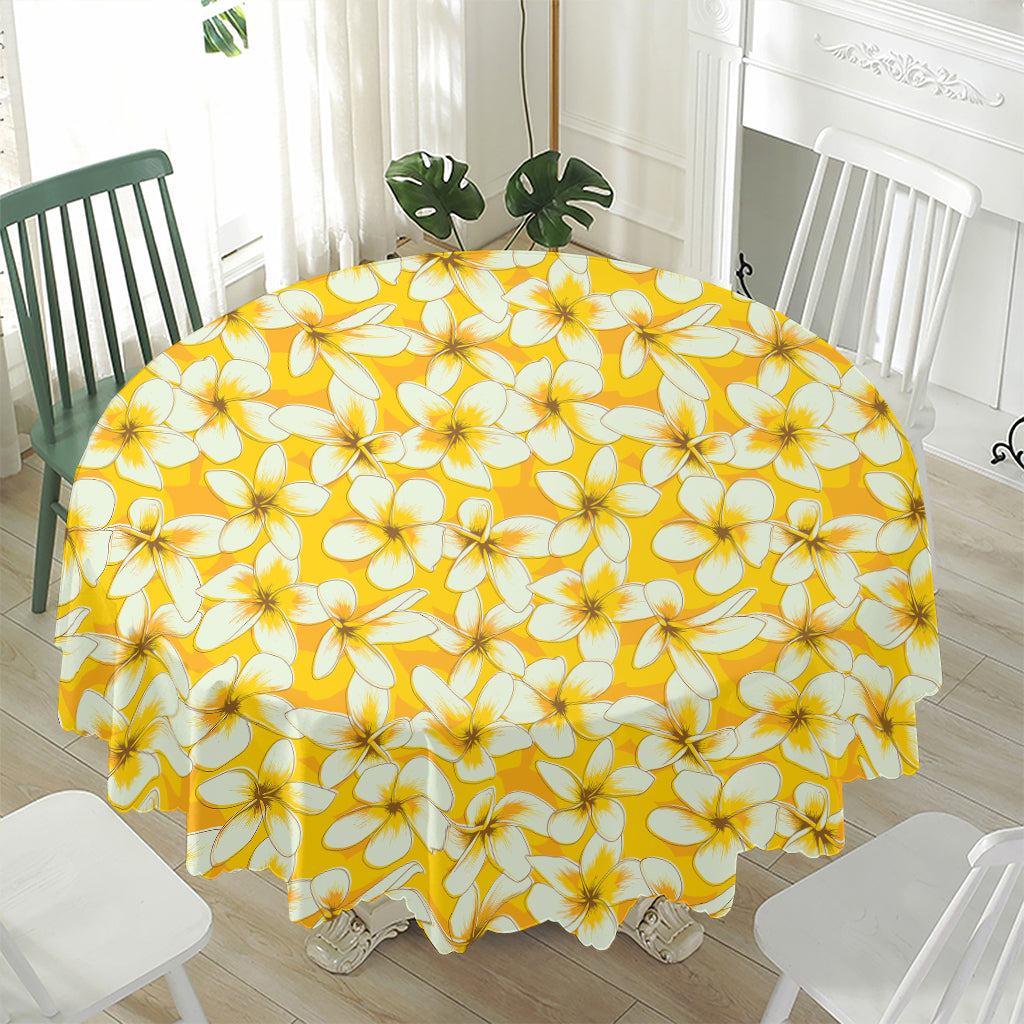 White And Yellow Plumeria Pattern Print Waterproof Round Tablecloth