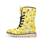 White And Yellow Plumeria Pattern Print Winter Boots