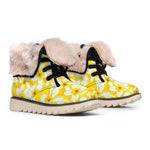 White And Yellow Plumeria Pattern Print Winter Boots