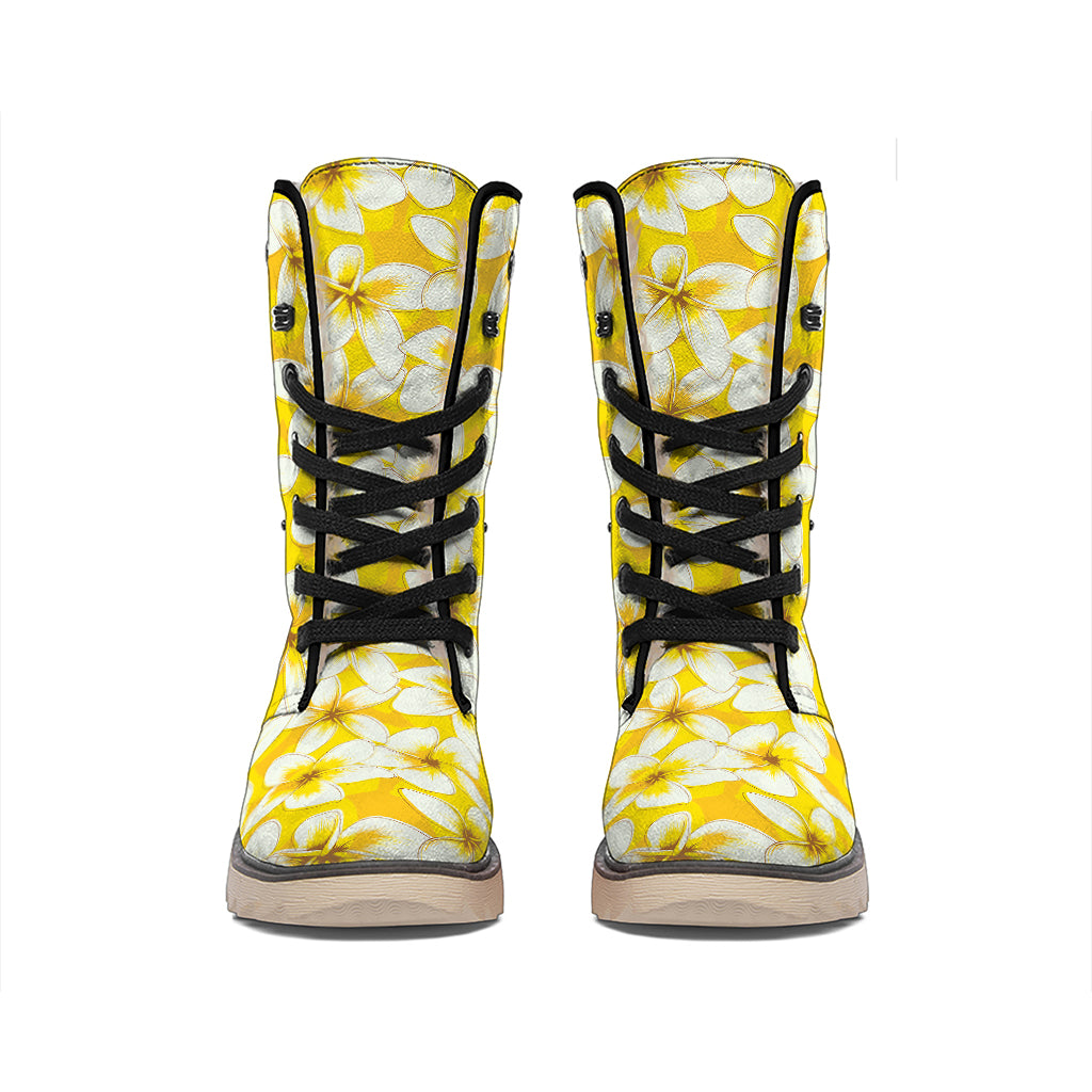 White And Yellow Plumeria Pattern Print Winter Boots
